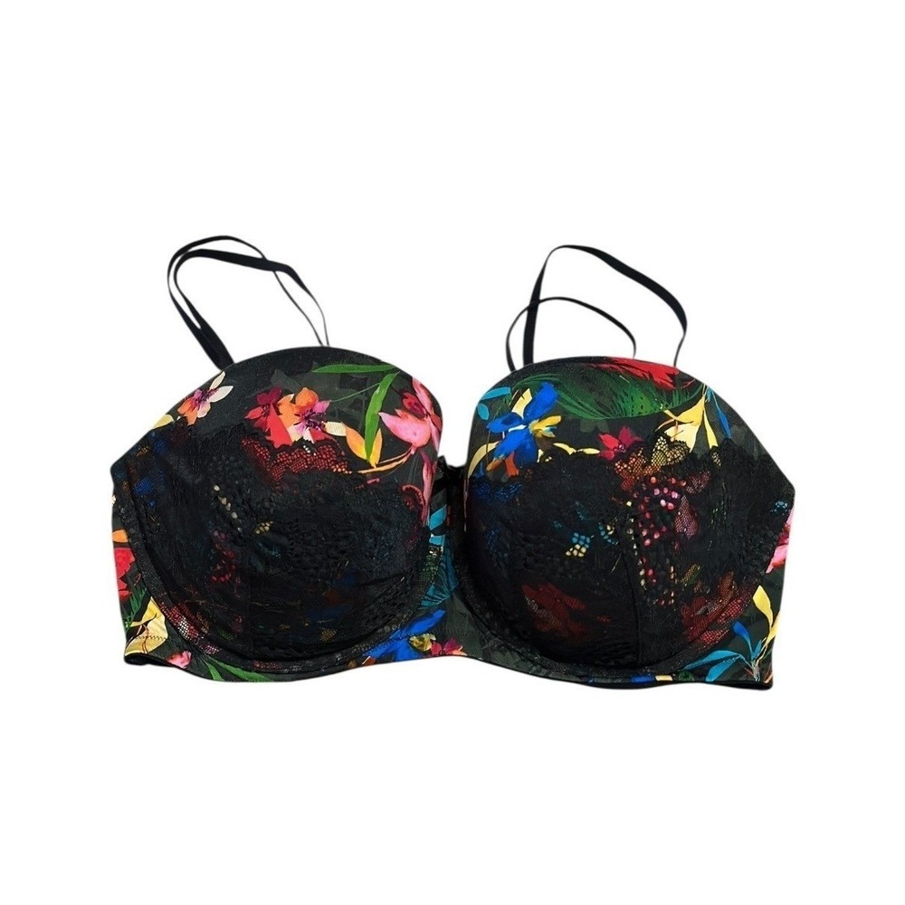 Cacique Boost Strapless Multi-Way Bra Tropical Black Lace Underwire Women's 38F
